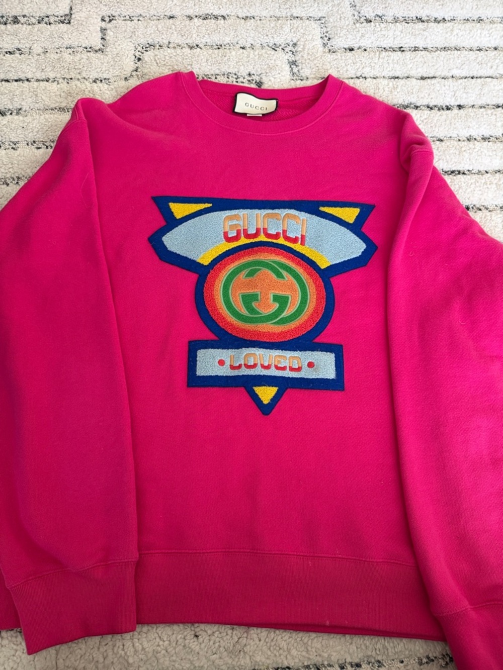 Gucci Men's Bright Fuchsia Crewneck with Multicolor Logo Patch